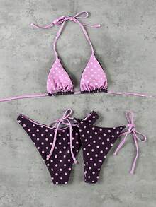 Valentine's Day Sexy Polka Dot Print 3 PiecesWomen Bikini Swimsuit - Multicolor - View 2