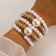 12/8/7/5/4pcs Set Beaded Chunky Faux Pearl Geometric, Round Bead, Square Flower, Heart, Rhinestone Sparkling Stretch Bracelet, Fashion Chic Elegant Retro Design, Suitable For Holiday, Party, Dating, Gift, Daily Wear
