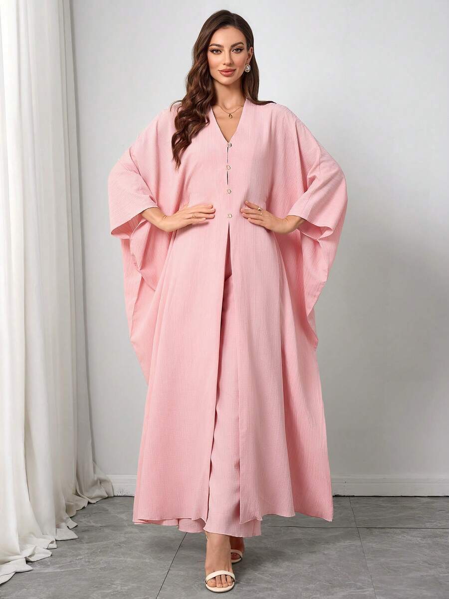 女士春夏纯色纽扣休闲长衬衫搭配阔腿裤。优雅的冬季女士服装,适合度假和约会,端庄大方 - 粉色 - 查看 1