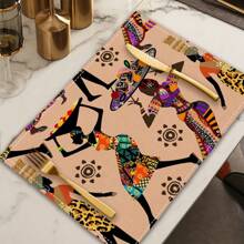 1pc African Women Pattern Printed Table Runner, 4pcs African Women Print Placemats, Suitable For Festivals, Parties, Birthdays, Dinners, Kitchen & Dining Room Decor, All Season Room & Home Textile Decoration Table Flags