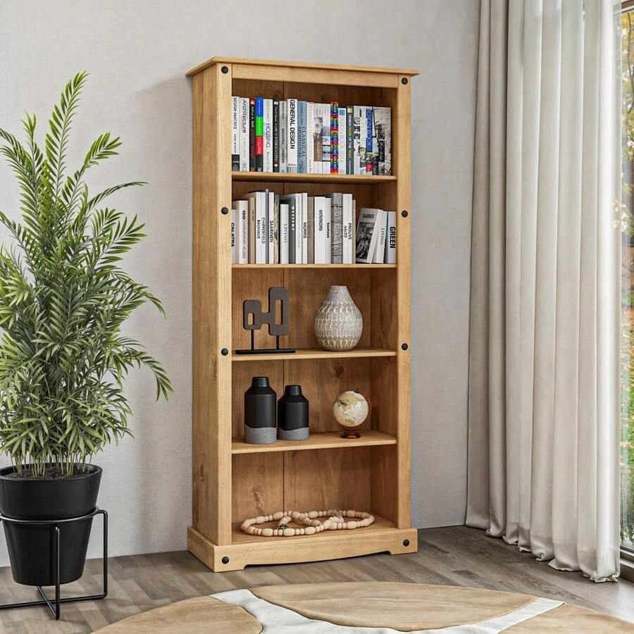 Corona Bookcase Tall Large 5 Book Shelves Mexican Pine Solid Wood - Waxed Pine - View 1