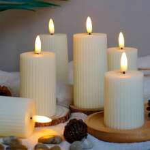 3 Juego de velas electrónicas modernas sin llama con patrón vertical de engranajes de plástico beige, velas sin llama para fiestas, decoración del hogar, ornamento de luz de vela