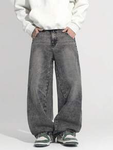 1 件正义兄弟复古阔腿牛仔裤，复古水洗拼布休闲宽松直筒裤男士