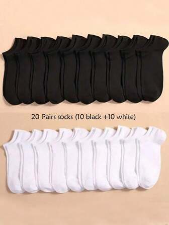 20 Pairs Unisex Black & White Casual Breathable Ankle Socks, No Show Socks, Comfortable Daily Wear And Travel