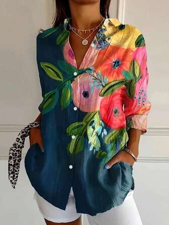 ii 大码休闲翻领春秋季女式碎花衬衫上衣