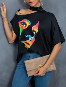 2025新款女士休闲金属扣斜肩印花宽松T恤日常穿着夏季 - 黑色 - 查看 10