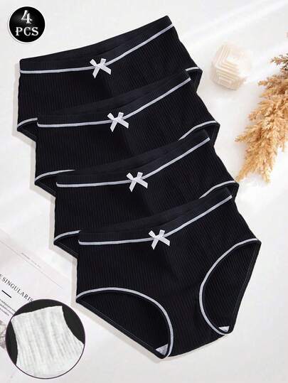 4pcs Women's Comfortable Cute Ribbed Bikini Panties