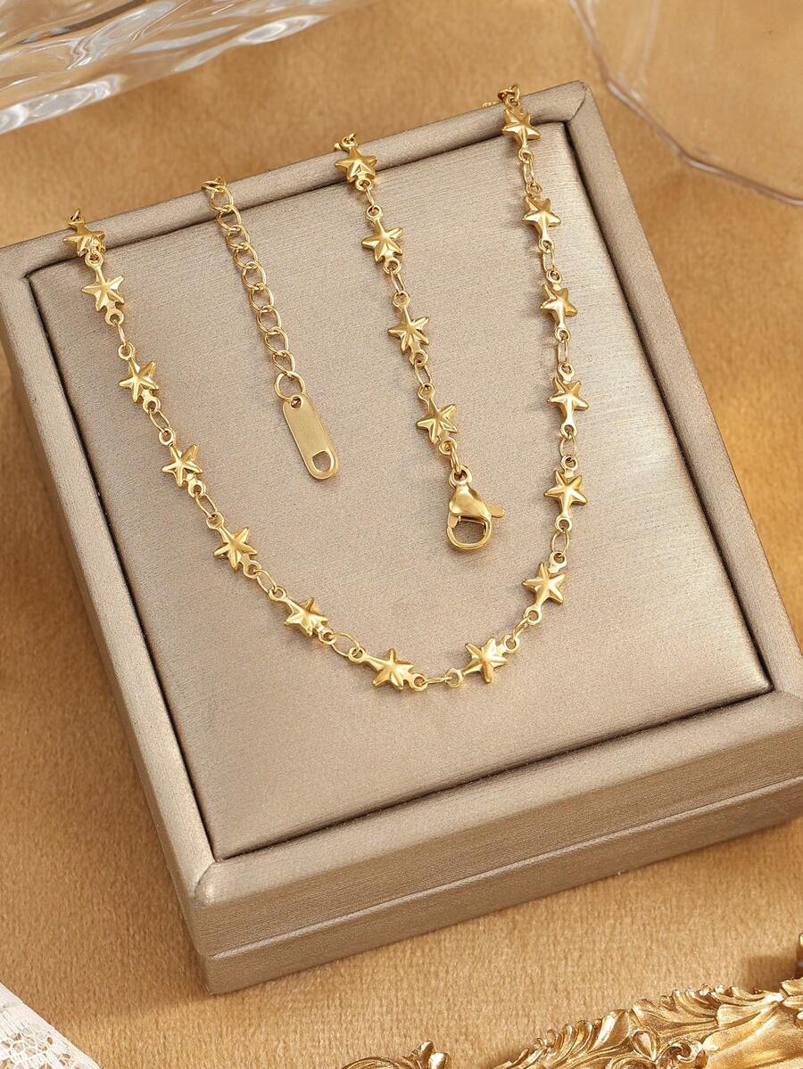 1件不锈钢时尚可爱金色项链，适合女性日常佩戴或作为礼物 - 金黃色 - 查看 1