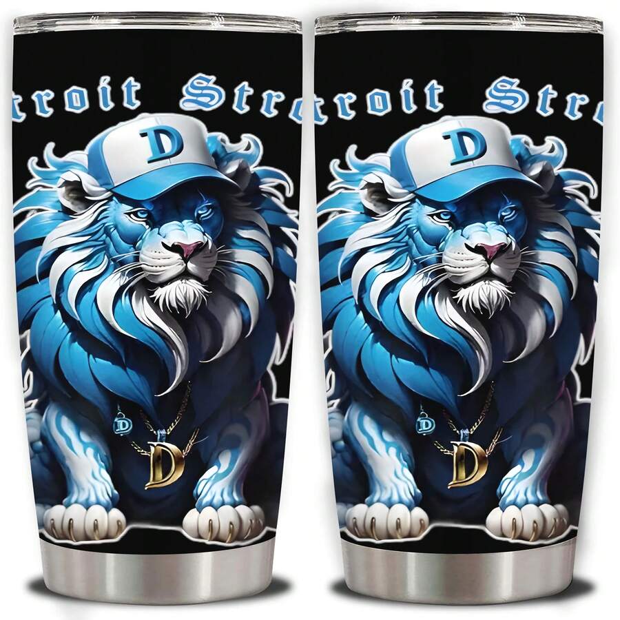 1pc 20oz Detroit Strong Lion Tumbler, Double Wall Vacuum Insulated Travel Mug, Spill Proof Lid, Perfect Gift For Dad, Mom, Ideal For Christmas, Thanksgiving, Valentine's, Mother's, Father's Day, Gift For Birthday, Coffee Cup - 20oz - View 1
