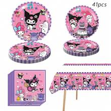 Sanrio 88pcs Sanrio Kuromi Party Supplies,Included Birthday Banner,Hanging Vortex, Plates,Napkins,Tablecloth,Paper Cup,For Kuromi Decorations,Kuromi Birthday Party Decorations,Kuromi Party Decorations