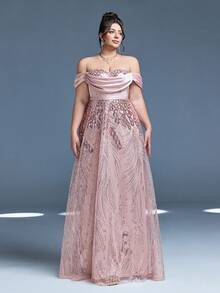 Mgiacy New Arrival Off Shoulder Romantic Plus Size Evening Gown Dress Satin Sequin Ruched Belt Long Dress - Pink - View 3