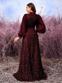 SUPGIR Vestido de fiesta de boda para invitados con cuello de lantern, elegante y brillante en la cintura, fruncido Mid Vestido, vestido de noche, vestidos de mujer de otoño