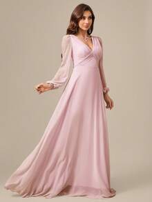 UNITHORSE V-Neck Long Sleeve Pleated Front Lavender Chiffon Dress, Suitable As Bridesmaid Dress, Bridal Dress, Birthday Dress Or Graduation Dress - Pink - View 6