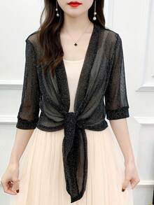1pc Elegant Fashion Transparent Glittery Women Shawl, Tie Front 3/4 Sleeve Cropped Cover Up, Hollow-Out Breathable Shiny Shawl, Suitable For Bikini Cover-Up, Daily Wear Shawl, Wedding Party Little Black Dress Shawl - Multicolor - View 15