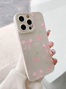 1 pieza Funda protectora para teléfono antideslizante y anticaídas con estampado de lazo rosa y cereza, compatible con 16 Pro Max, 11/12/13/14 Plus/16e, XR/7/8 Plus/15 Pro Max