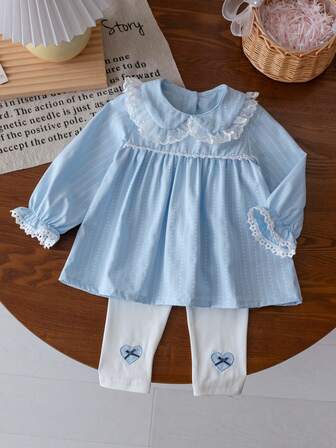 2 件套新生女婴可爱公主风格长袖上衣和裤子套装，夏季