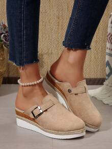 全新女式厚底穆勒鞋，黑色和米色仿麂皮圆头一脚蹬，时尚厚底