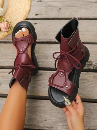 女式厚底露趾系带踝靴，复古高帮镂空罗马凉鞋，2025 年夏季新款