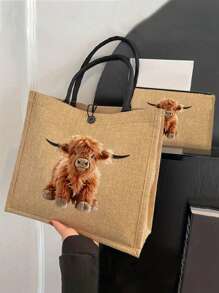 Set de 2 bolsas de lino con estampado de vaca de dibujos animados. Incluye una bolsa de maquillaje, bolso de almacenamiento casual portátil, bolso de moda islámica, bolso con estampado animal, bolso de moda modesta, bolso de compras multifuncional, nuevo diseño, gran capacidad, elección de compras ideal, adecuado para uso diario, regalos del Eid para ella, cumpleaños, vacaciones, playa, viajes, picnics, campamentos, supermercado, almacenamiento diario, regalo del Día de la Madre.