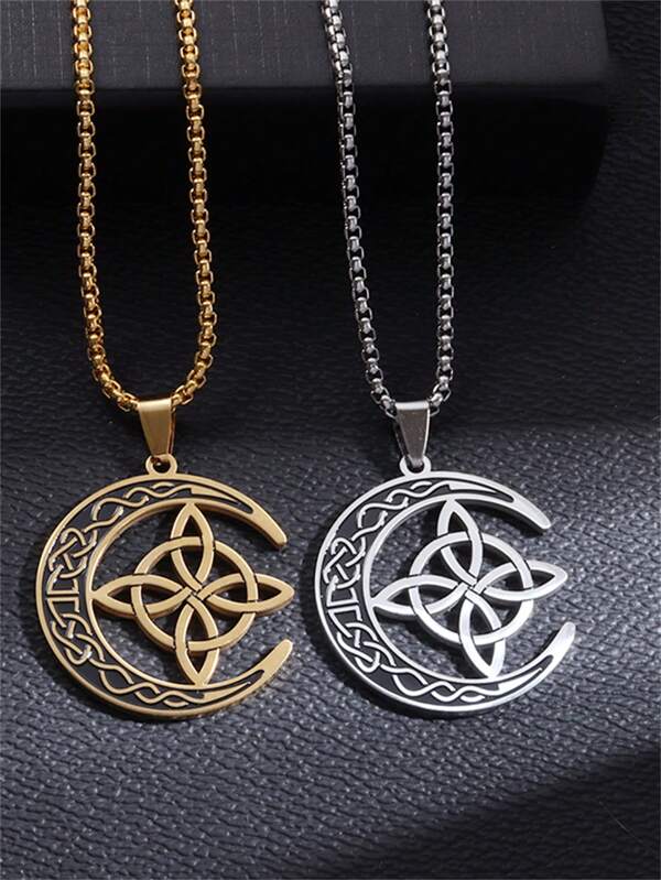 1PC New Retro Elegant Star Moon Celtic Witch Knot Hollow Pendant Stainless Steel Necklace, Fashionable Irish Knot Amulet Jewelry, Suitable For Daily Wear