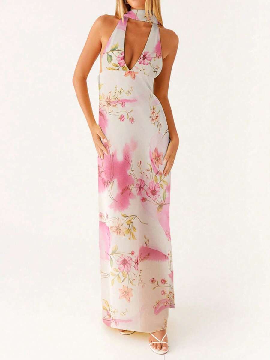 Women Sleeveless V Neck Formal Party Evening Cocktail Long Dress Halter Neck Open Back Silk Satin Maxi Dresses With Scarf - Màu Hồng baby - Xem 1