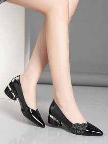 Women's Fashion Comfortable Versatile Patchwork Chunky Heel High Heel Pumps With Beaded Decor - Black - View 3