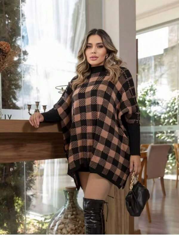 Suéter xadrez longo reversível 2 face com gola alta e manga comprida  Xadrez  Cortar e costurar  xadrez  Casual    Com cinto