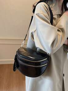 1个时尚双拉链腰包，女士仿皮斜挎包，带宽肩带 - 黑色 - 查看 5