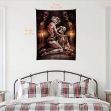 1 pezzo Arazzi decorativi in poliestere, stile gotico romantico, con coppia di scheletri e decorazioni floreali con candele, appesi al muro, per decorazione della casa, del soggiorno, della camera da letto, stile bohémien, estetico, regalo unico, decorazione di fantasia dark