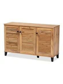 Modern Contemporary Shoe Storage Cabinet Oak Brown Wood 3-Door 8 Shelves 16 Pairs Slatted Doors Assembly Required Sturdy Engineered Wood Dark Brown MDF Solid Wood - Multicolor - View 2