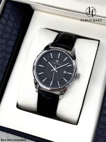 Pablo Raez 1pc Man Watch Business Wristwatch For Man Stainless Steel Silver IPS Case Luxury Black Soft & Comfortable Microfiber Leather Fashion Double Dial Third Dimension Design With Date 50M Waterproof Brand New Male Quartz Wristwatch Sports Casual Clock Nice Gifts For Friend Or Family Father Fit For Daily Life/Work/Party Decoration Dress Watch Graduation Wedding Presents