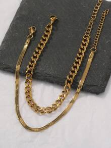 Tkool 2pcs/Set Fashionable Stainless Steel Gold-Tone Cuban Link & Snake Chain Anklets, Suitable For Daily Wear & Beach - Yellow Gold - View 5