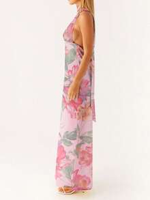 Women Sleeveless V Neck Formal Party Evening Cocktail Long Dress Halter Neck Open Back Silk Satin Maxi Dresses With Scarf - Màu tím - Xem 4