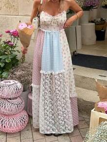 Women Boho Halter Neck Floral Print Maxi Dress Y2k Lace Patchwork Backless Flowy Long Dress Sleeveless Back Cross Tie-Up Summer Beach Sundress - 彩色 - 查看 5
