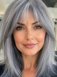 16 Inch Long Straight Grey Wigs With Bangs Synthetic Wigs For Women Ordinary Work, Life, Dance Parties And All Occasions Use