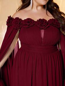 SUPGIR Plus Women's Off-Shoulder Floating Piece Sleeve Three - Dimensional Flower Chiffon Ruched Evening Dress, Formal, Party Dress, Gown, For Wedding Guest - Burgundy - View 6