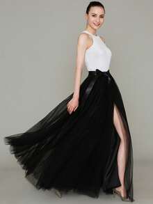 1 件开叉长款及地超长薄纱裙，带丝带，适合角色扮演舞会派对晚会，黑白深绿色，情人节