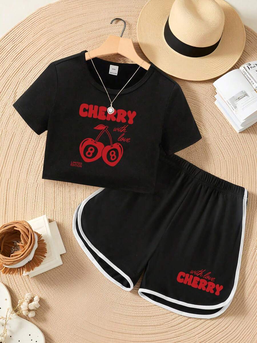 2pcs/Set Tween Girls Letter Slogan, Cherry & Number 8 Print Short Sleeve Cropped Top & Sports Shorts Set, Spring/Summer - Black - View 1