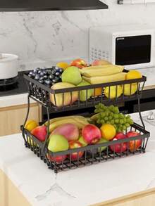 1pc Fruit Basket Vegetable Basket, Metal Storage Basket With Hook And Wooden Handle, Stackable And Movable Kitchen Storage Rack Fruit Storage Basket Kitchen Bread Vegetable Fruit Basket Bowl Rack Detachable Metal Rectangular Wire Base, Countertop Fruit Vegetable Basket Bowl For Kitchen Counter, Detachable Wire Storage Basket Fruit Rack Rack Organizer - Black - View 7
