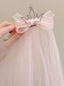 1pc Girls Princess Long Veil Crown Hair Clip, Cute Hair Accessory - Multicolor - View 1