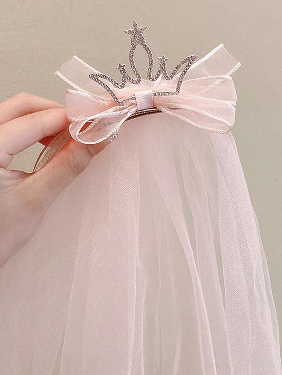 1pc Girls Princess Long Veil Crown Hair Clip, Cute Hair Accessory - Multicolor - View 1