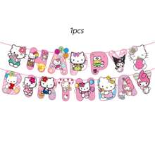 Sanrio 50pcs Sanrio Hello Kitty Party Supplies,Included Birthday Banner,Hanging Vortex,Plates,Napkins,Tablecloth,Includes 1 Pc Birthday Banner,8 PCS Hanging Vortexs, 20 PCS Paper Plates ,20 PCS Napkins ,1 Tablecloth For Hello Kitty Birthday Party Decorations,For Hello Kitty Party Decorations,Hello Kitty Birthday Party Decorations,Hello Kitty Party Decorations