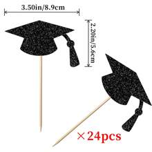 24 pièces Décorations de petit gâteau graduations en forme de toque noire et or pailleté - fournitures de décoration de petit gâteau pour fête de graduation