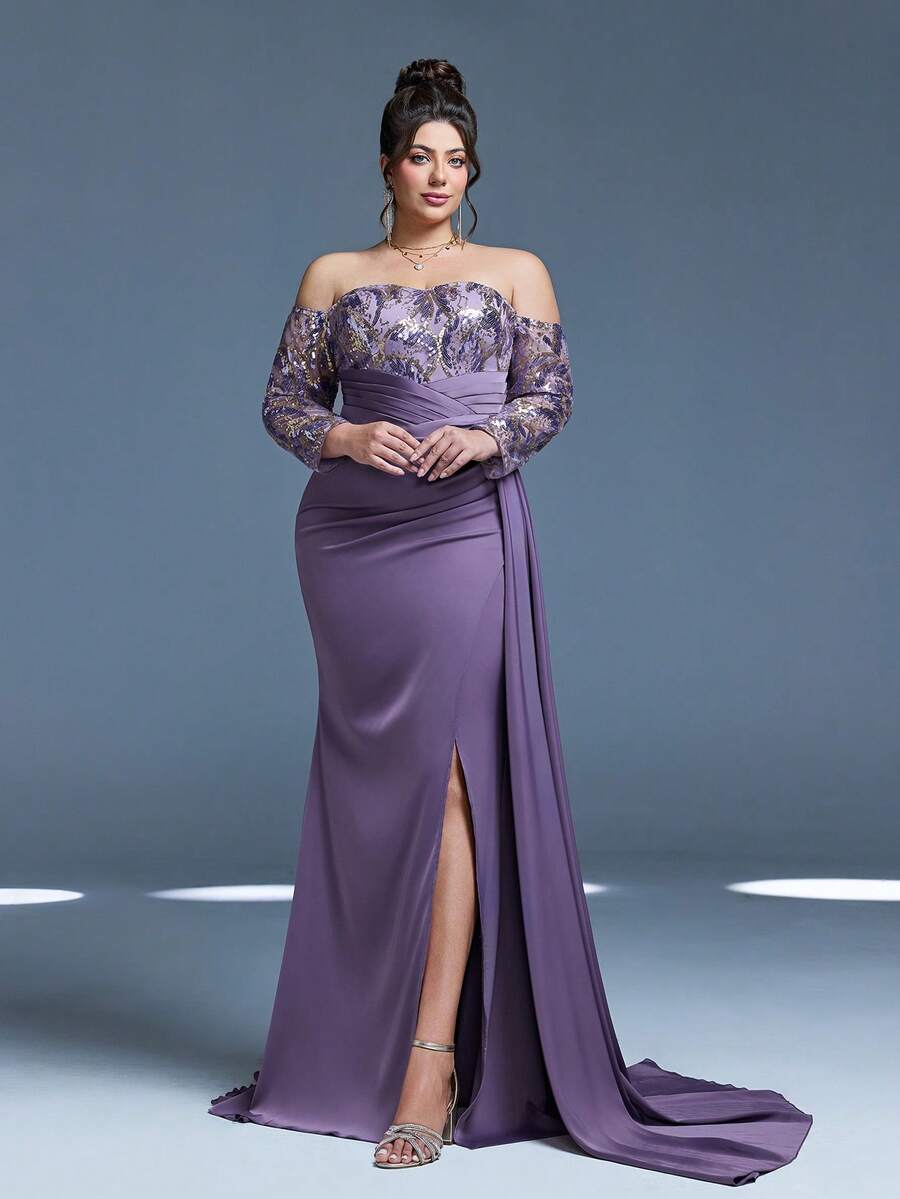 Mgiacy,New Arrival,Off Shoulder,Sequin,Elegant,Plus Size Evening Gown Dress,Float Piece,High Slit,Package Hip,Mermaid Hem Dress,FOR,Dinner Party - 紫色 - 查看 1