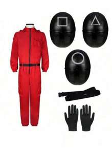 Combinaison rouge avec capuche, déguisement de Squid Guard Game, déguisement pour homme et femme, costume coréen, personnage d'émission de télévision d'Halloween, combinaison rouge avec gants noirs et masque rond/triangle/carré