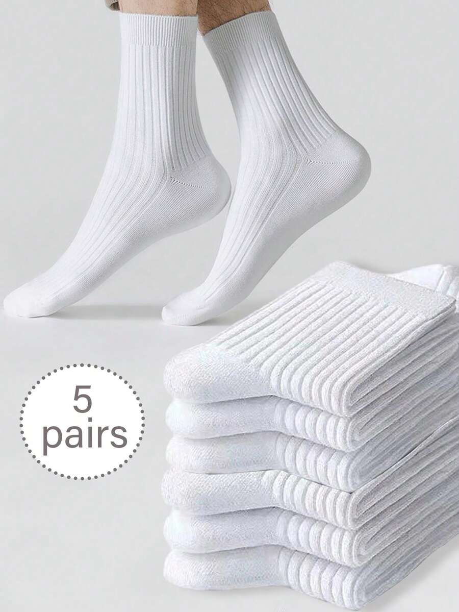 5 Pairs Women's White Vertical Stripe Mid-Calf Socks, Couple Long Socks, Suitable For Daily Wear - White - View 1
