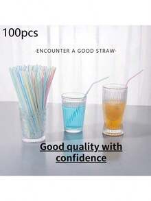100pcs Delicately Packed Straws, Drinking Soybean Milk Milk Tea Color Straws Can Be Bent Pp Flat Mouth,School Supplies - Multicolor - View 2