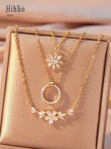 Hihho 3pcs/Set Fashionable Elegant Necklace With Flower & Circle Shaped Design, Unique And Creative Jewelry For Women, Luxury Gift Valentines,Mom,Mother,Mother's Day,Gift