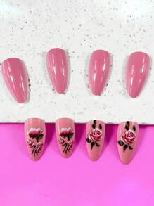 24 Peças Unhas Postiças com Formato de Amêndoa, Glossy, Padrão de Flor Rosa de Primavera/Outono, Adequado para Decoração de Unhas Femininas, Acompanha 1 Peça de Gel de Gelatina e Bloco de Lixa de Unhas
