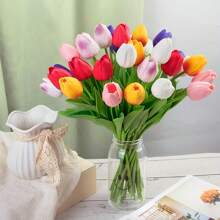 Colorful Artificial Tulip Flower Bouquet, Placed In Glass Vase - Vivid Polyurethane Fake Flowers, Perfect For Valentine's Day Home Decor, Realistic And Durable, No Battery Needed, Floral Decoration